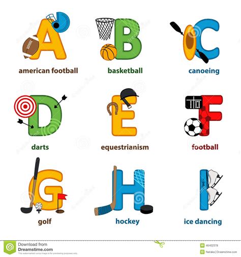 List of sports in sentences. Alphabet sport from A to I stock vector. Illustration of ...
