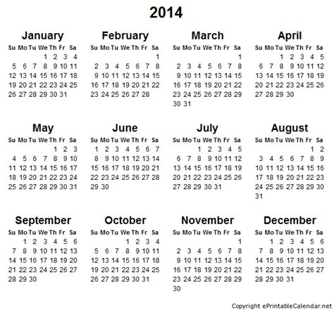 Calendar 2014 Only Printable Yearly 2014 Free Printable Calendars