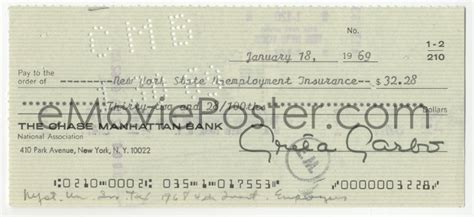 Name, address, phone number and federal id number of your last employer. eMoviePoster.com: 5y0272 GRETA GARBO canceled check 1969 paying $32.28 to New York State ...