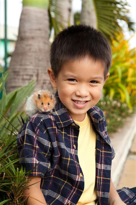 Young Boy With Pet Hamster On His Shoulder Stock Photo Image Of Blue