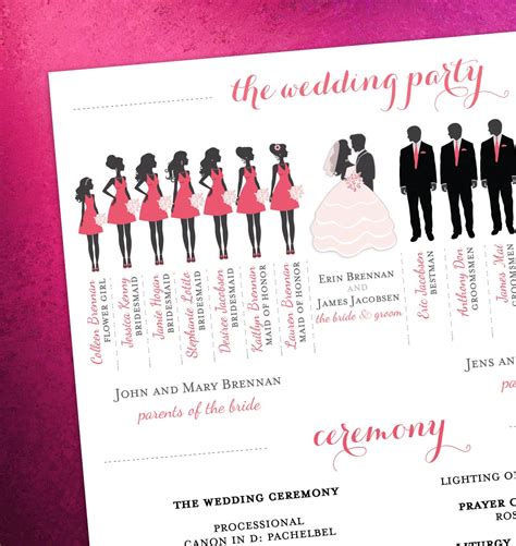Choose from 53 printable design templates, like party program posters, flyers, mockups, invitation cards, business cards, brochure,etc. Modern Day Wedding Program with Bridal Party by EventswithGrace
