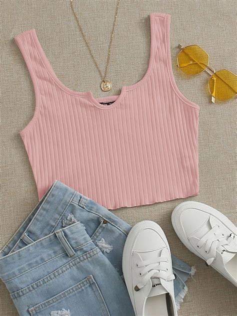 shein notched neck rib knit crop tank top knitted crop tank top teenage fashion outfits cute