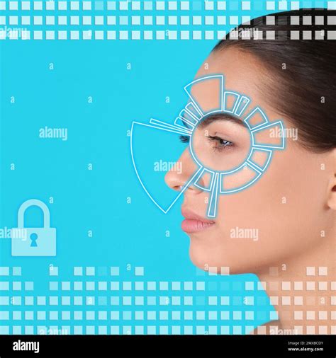 Facial Recognition System Woman Scanned By Iris On Blue Background