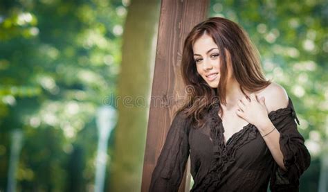 Beautiful Female Portrait Long Brown Hair Outdoor Genuine Natural Brunette Gorgeous Eyes Posing