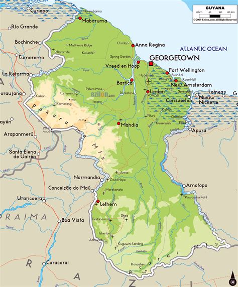 Large Physical Map Of Guyana With Roads Cities And Airports Guyana