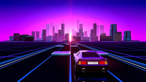 Neon Lights Buildings And Car On Road Hd Vaporwave