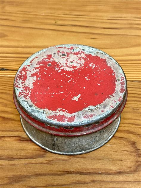 Round Red Tin Can With Lid Shabby Red Powder Tin Marked Tin Etsy