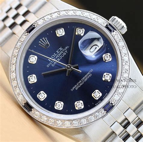 Mens Rolex Datejust Blue Sapphire Diamond 18k White Goldss Quick Set