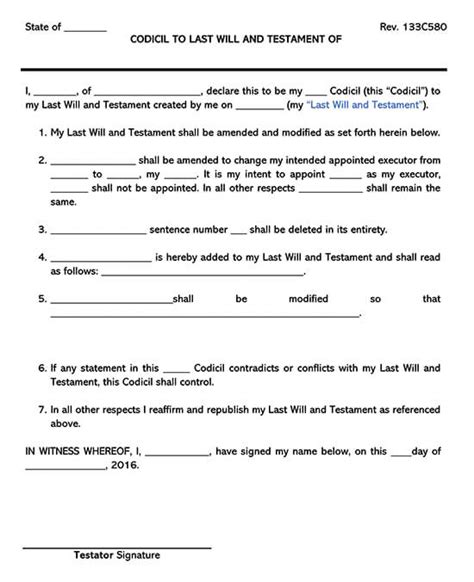 Free Codicil To Will Forms Word Pdf