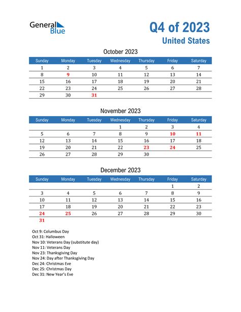 Q4 2023 Quarterly Calendar With United States Holidays