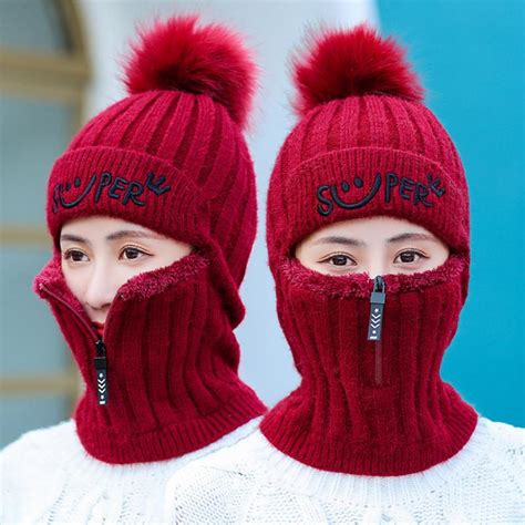 Buy Scarf Hat Set Fashion Women Winter Warm Solid Pompoms Beanie Knitted Soft Caps Scarves At