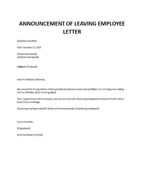 Announcement Of Departing Employee Letter