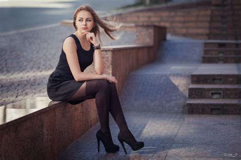 wallpaper women model blonde looking away black dress sitting high heels pantyhose