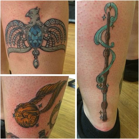 Harry Potter Leg Tattoos Part3 Ravenclaw Diadem Elder Wand Golden