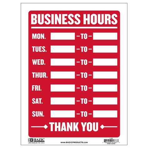 12 X 16 Business Hours Sign Bazicstore