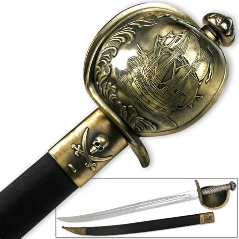 captain blackbeard pirate sword and scabbard saber naval galleon ship motif edge import