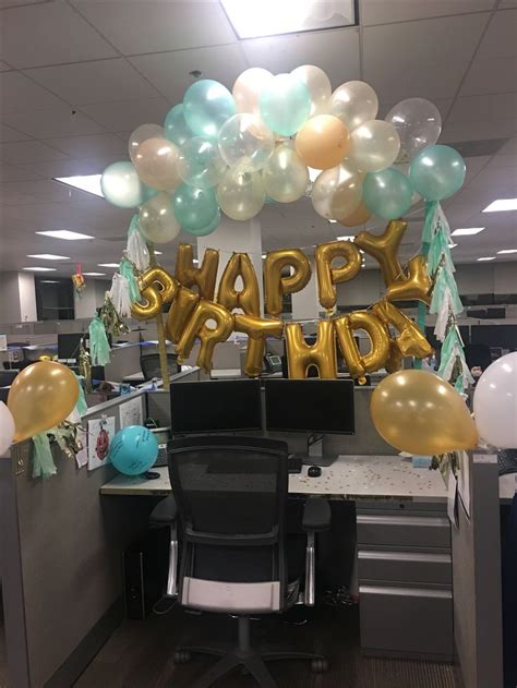 Prepare to be overwhelmed with a few ideas that are fantastic. Mint green and gold desk birthday decorations | Cubicle ...