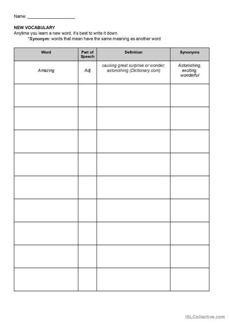 New Vocabulary Words Template English Esl Worksheets Pdf And Doc