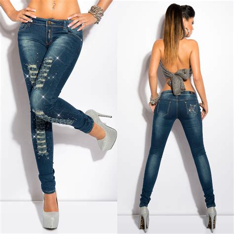 Womens New Ripped Super Skinny Jeans Designer Blue With Bling Sexy Low