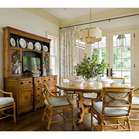 Dining Room In Country Style Furniture And Hanging Silk Drum Shade