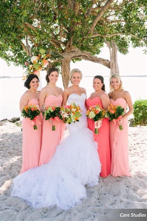 Mint, coral and taupe wedding. Shades of coral bridesmaids, coral beach wedding | Beach ...