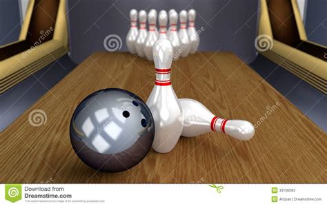 Bowling 3d Sport Ball And Pins On Lane Stock Photos