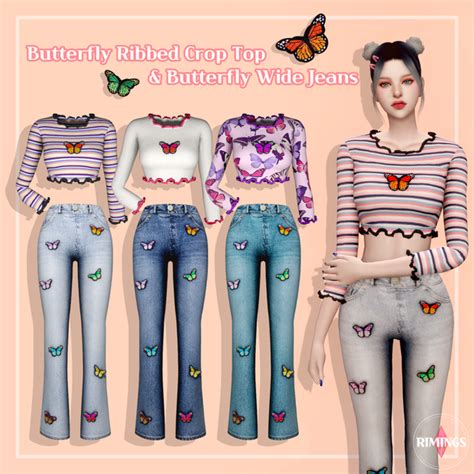 Rimings Butterfly Ribbed Crop Top And Butterfly Wide Jeans Rimings On