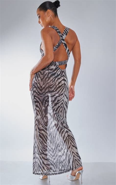 Monochrome Zebra Print Glitter Maxi Dress Prettylittlething