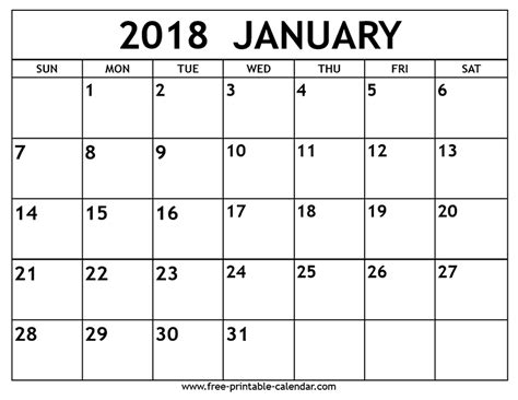 January 2018 Calendar Print 2018 Calendar Pinterest January