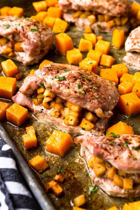 Grab the recipe from kitchen. This apple stuffed pork chops recipe is SO easy! Baked on a sheet pan … | Apple pork chops ...