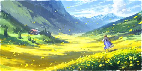 Download 1920x1080 Anime Landscape Anime Girl Wind Twintails Petals