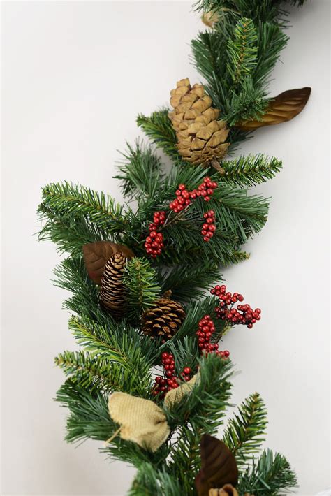 Pine Pine Cone Berry Christmas Garland With Burlap Bows 6ft Bow