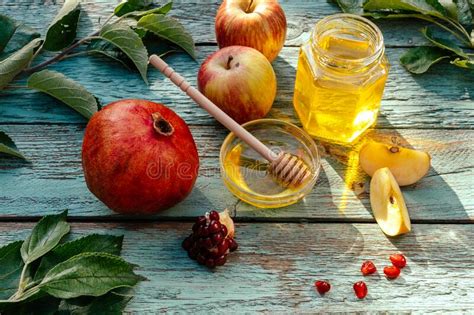 Apple And Honey And Pomegranate Traditional Food Of Jewish New Year Rosh Hashana Stock Image