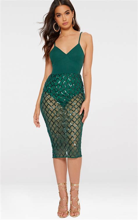 Emerald Green Sheer Sequin Plunge Front Midi Dress Prettylittlething Usa