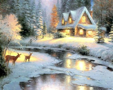 Deer Creek Cottage By Thomas Kinkade Winter Desktop Background