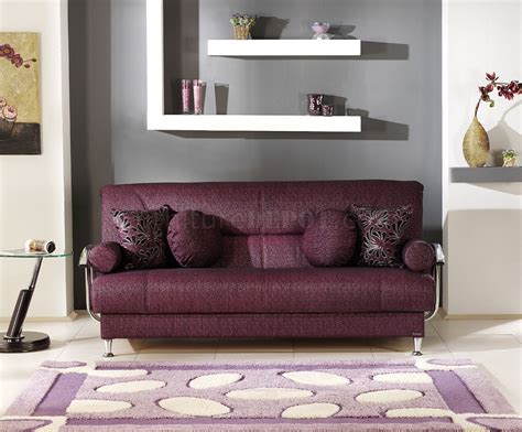 Stylish Living Room With Storage Sleeper Sofa In Burgundy Fabric