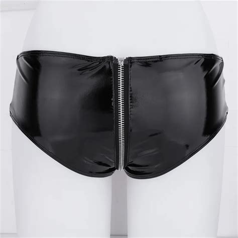 Sexy Open Crotch Fetish Crotchless Panties Latex Shorts Mini Zipper
