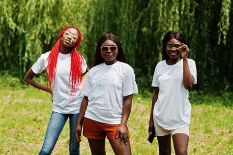 Three African American Womans In Park At White T Shirts Stock Photo Image Of Park Health