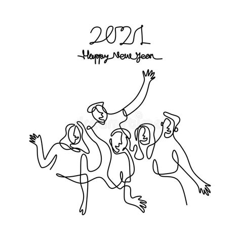 Happy Men And Women Welcome The New Year Continuous One Line Drawing