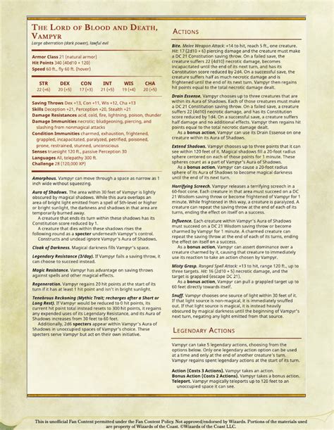 Vampyr The Lord Of Blood And Death Cr 28 Stat Block Rcurseofstrahd