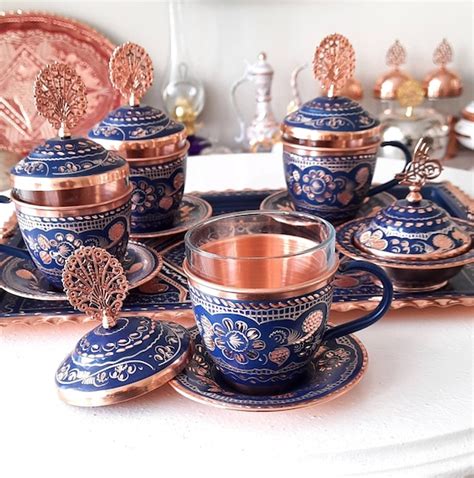 Turkish Copper Tea Set Blue Tea Pot Copper Tea Cups Ottoman Etsy