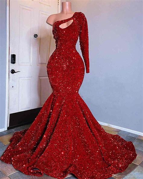 Red Sequined Black Girls Mermaid Prom Dresses 2021 Plus Size One Shoul