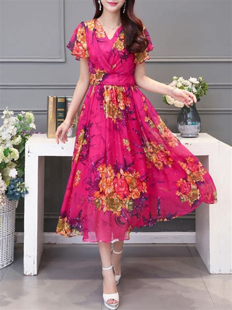 Fashionmia Fashionmia V Neck Floral Printed Chiffon Ruffle Sleeve Maxi Dress AdoreWe Com