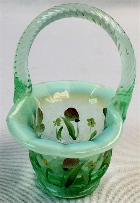 Lot Fenton Glass Hand Painted Signed Green And White Opalescent Mini Basket W Flowers