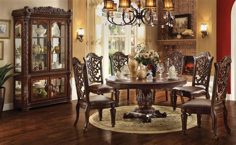 The parker set a six piece set with leather chairs and a fine table with that best finishing. ACME Acme Vendome 7PC Single Pedestal Round Dining Room ...