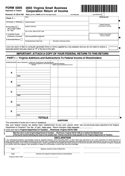 Form 500s Virginia Small Business Corporation Return Of Income 2003