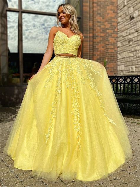 A Line Two Pieces Yellow Long Prom Dresses Beading Evening Dress Wek14