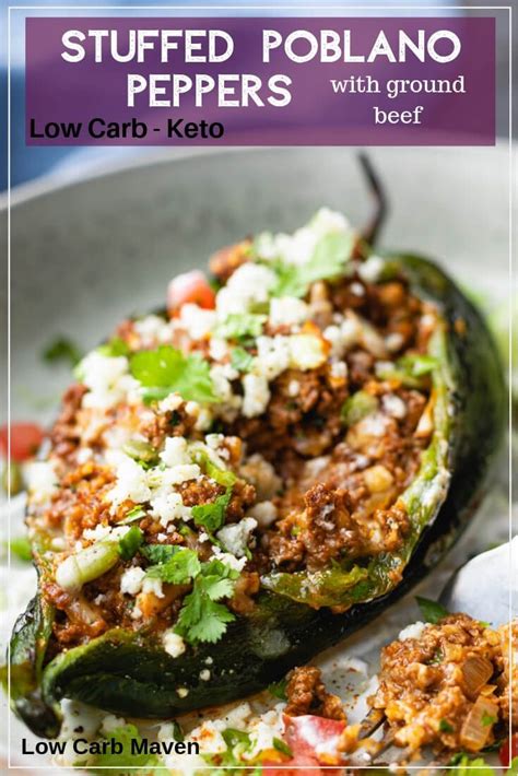 Keto taco stuffed mini peppers mini bell peppers stuffed with taco seasoned ground beef and topped with optional cheese, olives, sour cream or paleo sour cream. Stuffed Poblano Peppers with Mexican Ground Beef via ...