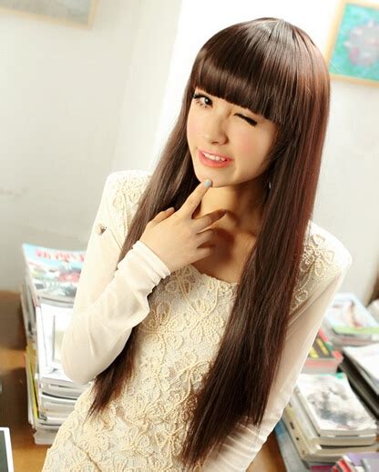 Long Straight Neat Bang Fluffy Wig Korean Fashion Female Hair Hot