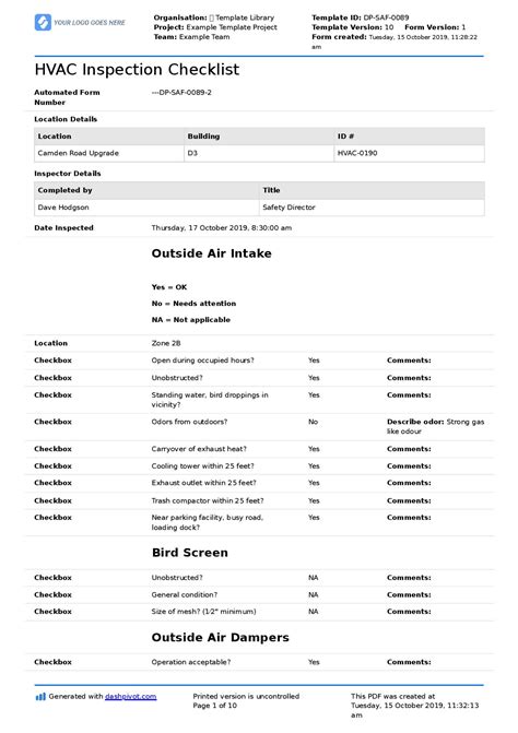 Hvac Preventive Maintenance Checklist Template Excel